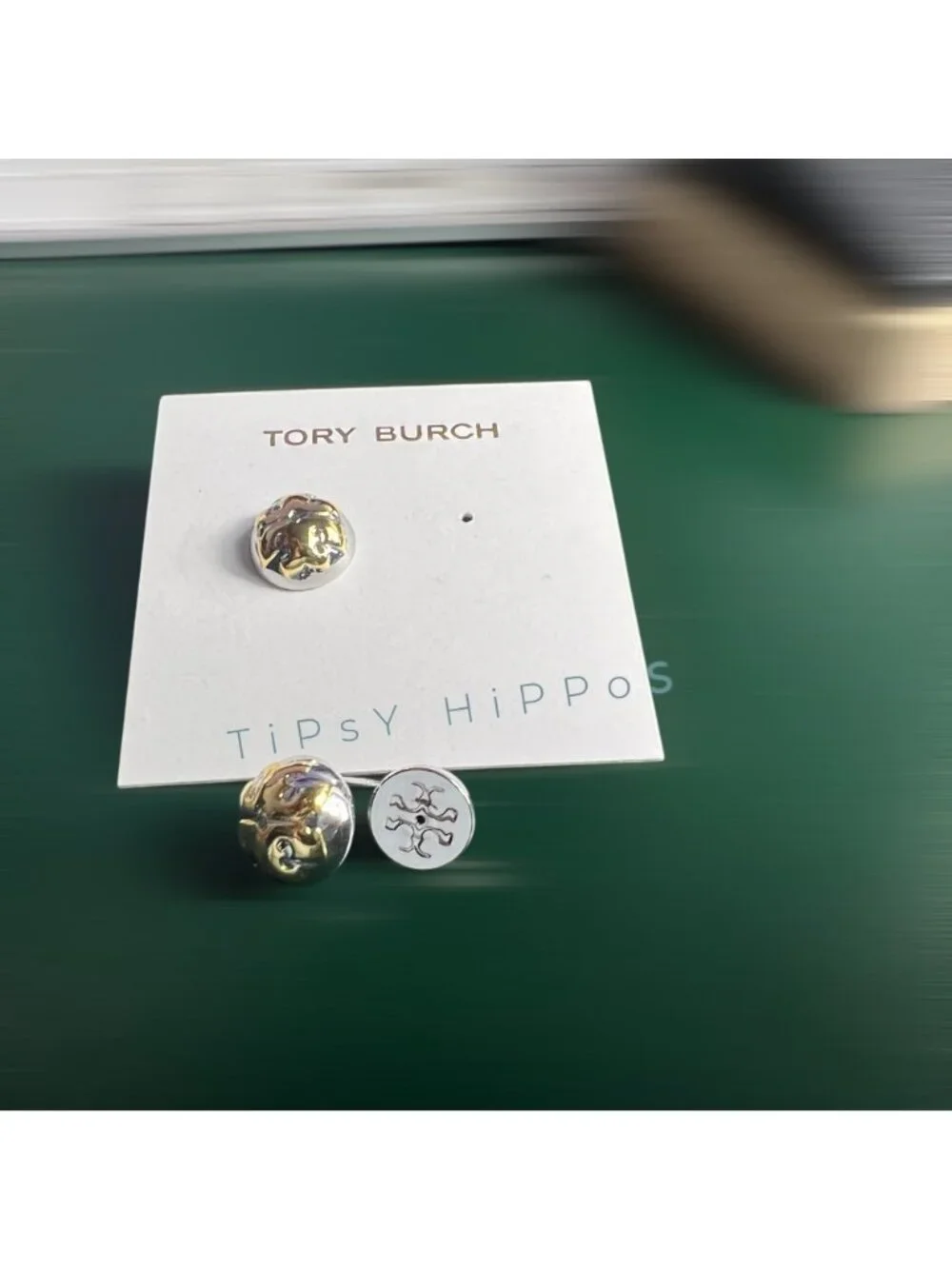 NEW!  Tory Burch Silver and Gold Logo Stud Earrings